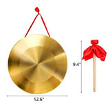ZEAYEA 12.6 inch Gong Instrument, Chinese Traditional Percussion Instrument Copper Gong with Beater and Red Hanging Ribbon for Celebration, Party, Festivals