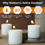 Welburn Veda&Co™ Votive Candles - Pack of 144, Upto 12 Hours Burn Time, 100% Fully Refined Paraffin Wax, Smokeless, Unscented, for Home Decor, Spa, Weddings, Birthdays, Holidays, Party (White)