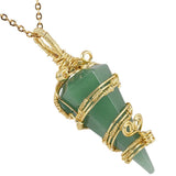 Nupuyai Handmade Wire Wrapped Cone Crystal Pendulum Pendant Necklace for Women Men, Spiral Faceted Pointed Stone for Reiki Divination, Green Aventurine
