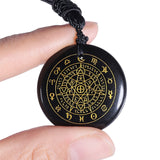 TUMBEELLUWA Engraved Golden 12 Constellations Magic Circle Pattern Necklace Black Obsidian Crystal Stone Pendant Amulet with Adjustable Cord