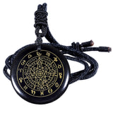 TUMBEELLUWA Engraved Golden 12 Constellations Magic Circle Pattern Necklace Black Obsidian Crystal Stone Pendant Amulet with Adjustable Cord