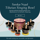 Sanskar Nepal - Tibetan Singing Bowl Set of 7, Handcrafted Singing Bowl for Meditation & Holistic Healing, Yoga Accessories, 3-5” Black Singing Bowls with Wooden Striker, Cushion & Purple Carry Box