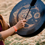 RNCOZE 10 Inch Shaman Drum with Drumstick, Hand Designed Alchemy Moon Drum, Round Vintage Percussion Instrument, Spiritual Music Symbol, Sound Healer Shaman Drum for Musici Party(Black)
