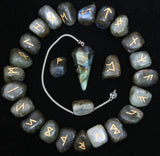 Crocon Labradorite Gemstone Engraved Rune Stones Set (25 Pcs) with Elder Futhark Alphabets & 1 Labradorite Pendulum 950+ Carats Reiki Healing Stones Chakra Craft Norse Runes Size: 15-20 mm