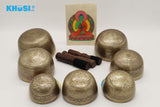 Singing Bowl Set of 7, Thadobati Design Himalayan Sound Bowl, Handcrafted, Hand hammered, Comes w/silk cushions, 3 sticks, Buddhist card, Brocade Box Ideal for Meditation, Yoga, Mindfulness Healing