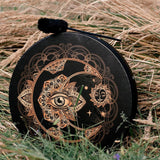 RNCOZE 10 Inch Shaman Drum with Drumstick, Hand Designed Alchemy Moon Drum, Round Vintage Percussion Instrument, Spiritual Music Symbol, Sound Healer Shaman Drum for Musici Party(Black)
