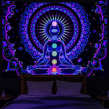 Chakra Wall Hanging Heopapin Blacklight Seven Chakra Tapestry UV Reactive Yoga Meditation Mandala Wall Tapestry Galaxy Space Tapestries Wall Hanging for Bedroom Home Decor W59×H51