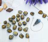 Crocon Labradorite Gemstone Engraved Rune Stones Set (25 Pcs) with Elder Futhark Alphabets & 1 Labradorite Pendulum 950+ Carats Reiki Healing Stones Chakra Craft Norse Runes Size: 15-20 mm