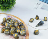 Crocon Labradorite Gemstone Engraved Rune Stones Set (25 Pcs) with Elder Futhark Alphabets & 1 Labradorite Pendulum 950+ Carats Reiki Healing Stones Chakra Craft Norse Runes Size: 15-20 mm