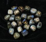 Crocon Labradorite Gemstone Engraved Rune Stones Set (25 Pcs) with Elder Futhark Alphabets & 1 Labradorite Pendulum 950+ Carats Reiki Healing Stones Chakra Craft Norse Runes Size: 15-20 mm
