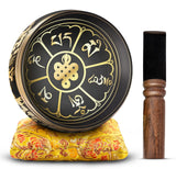 Tibetan Singing Bowl Set Bronze - Master Healing Grade - With Tibetan Thangka Art - Pure Tone By HIMALAYAN BAZAAR (Black & Yellow)