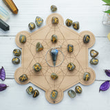 Crocon Labradorite Gemstone Engraved Rune Stones Set (25 Pcs) with Elder Futhark Alphabets & 1 Labradorite Pendulum 950+ Carats Reiki Healing Stones Chakra Craft Norse Runes Size: 15-20 mm